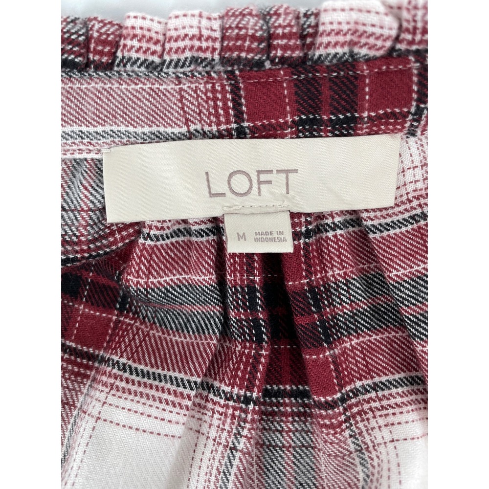 LOFT Plaid Ruffle Neck Flannel Top Womens Medium Burgundy Button Cottagecore - Picture 2 of 8